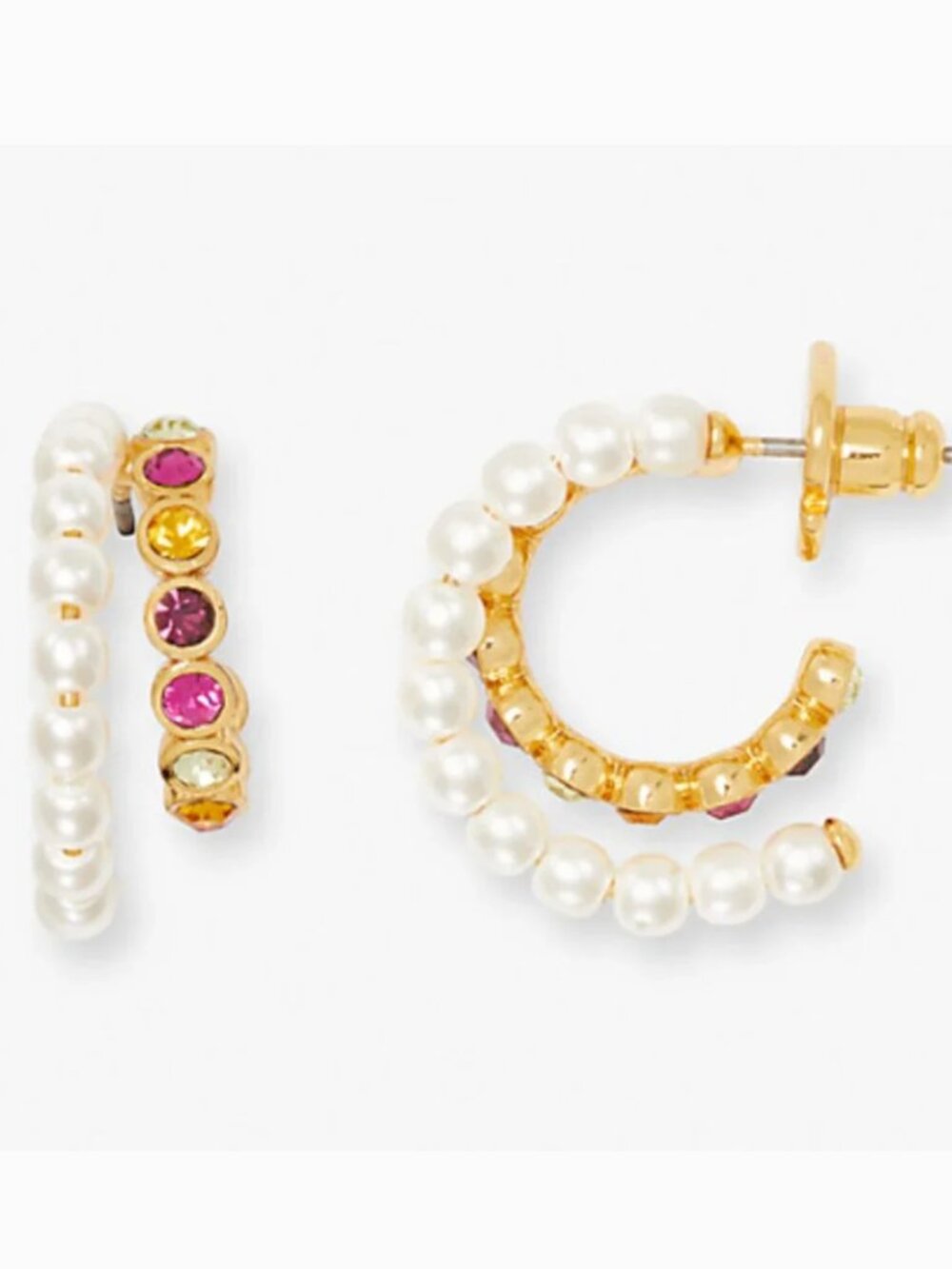 Kate Spade Pearl & Multicolor Crystal Huggie Hoop Earrings Gold Tone Statement
